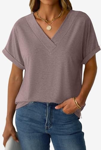 GKBK Womens Short Sleeve T Shirts V Neck Loose Fit Shirts Summer Casual Basic Tee Tops Gray Purple M - Thumbnail 5