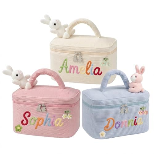 NYLGOXITK Custom DIY large capacity makeup bag with cute rabbit handle, personalized travel cosmetic storage case, spacious space for makeup essentials, perfect for daily use and travel.