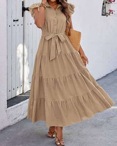 dowerme Women's Summer Casual Dresses 2026 Cap Ruffle Sleeve V Neck Button Belted Tiered Boho Maxi Dress with Pockets(Khaki,Large) - Thumbnail 4