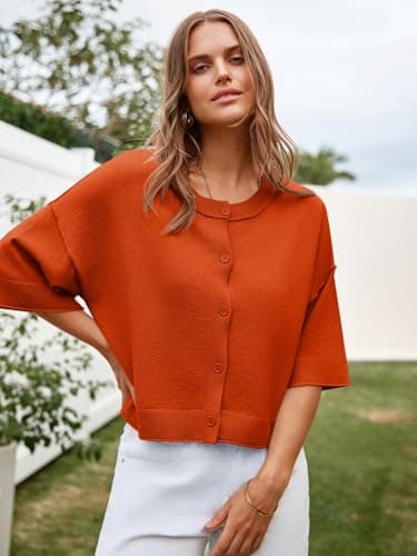 Cicy Bell Womens Half Sleeve Cardigan Sweaters Cropped Button Down Tops Oversized Lightweight Ribbed Knit Summer Outfits Orange - Thumbnail 5