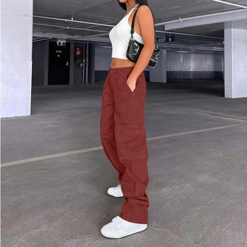 Lepunuo Womens Cargo Pants Casual High Waisted Joggers Pants Fce Wide Leg Sweat Pants Baggy Pants with Pockets Tomato Red - Thumbnail 3