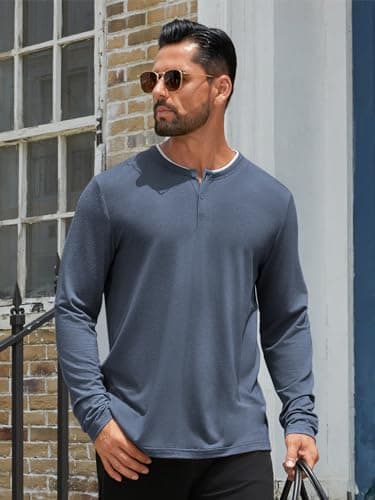 Hardaddy Men's Long Sleeve Henley Shirts Casual Color Block Henley Button T-Shirt Tops Navy Blue XXL - Thumbnail 2