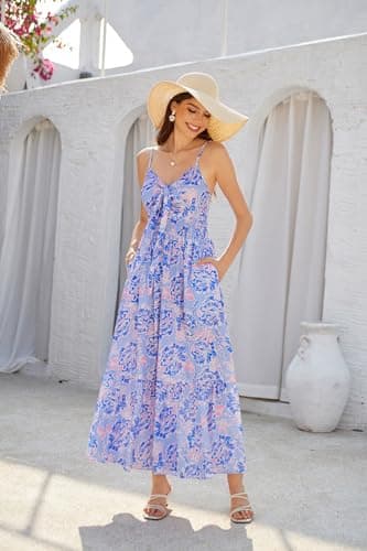 GRACE KARIN Womens Summer Maxi Dress Casual Sleeveless Spaghetti Strap Smocked Ruffle A Line Beach Long Dresses Purple Floral - Thumbnail 2