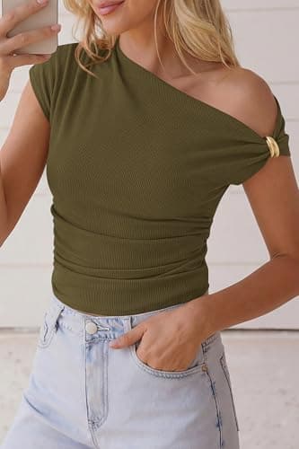 PRETTYGARDEN Womens Summer Off The Shoulder Crop Tops Ribbed Going Out Fitting T Shirts Trendy Spring Y2k Clothes 2026(Army Green,X-Large) - Thumbnail 4