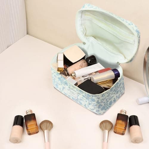 Gosect Large Travel Quilted Makeup Bag for Women,Big Floral Cotton Cosmetic Bag, Cute Coquette Aesthetic Floral Toiletry Organizer Bag (Blue Rose) - Thumbnail 5
