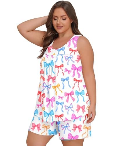 Lastshe Plus Size Pajama Set for Women Summer Sleeveless Tank Tops Shorts Pjs 2 Piece Soft Lounge Set with Pockets Sleepwear,White Bows-3X - Thumbnail 2