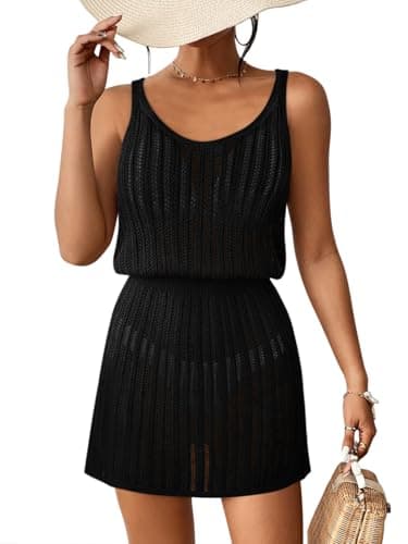 ATHMILE Crochet Dresses for Women Beach Vacation Clothes Bathing Suit Cover Up V Neck Swimsuit Spring Summer Knit Clothes Black - Image 1