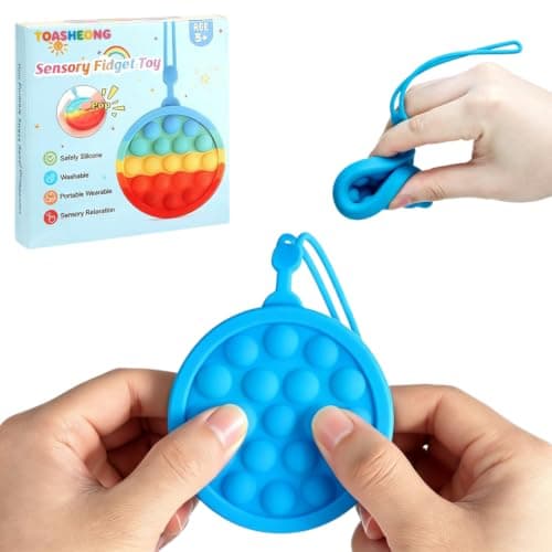 Instant Rebound Fidget Toy with Wrist Strap, No Flip Push Pop Sensory Toy, Continuous Press Bubble Toy for Kids and Adults, Silicone Stress Relief Toy, Keychain Fidget for Travel and School (Blue)