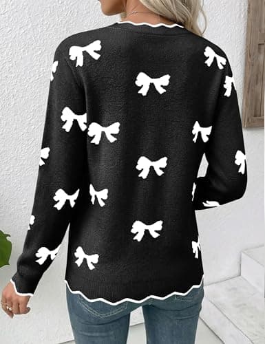 LaGracia Womens Fall V Neck Sweater 2026 Lightweight Casual Long Sleeve Ribbed Knit Pullover Sweaters Dressy Fall Outfits Black-Bow M - Thumbnail 4