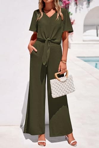 PRETTYGARDEN Women 2 Piece Summer Outfits Short Sleeve Strappy Top Wide Leg Pants Tracksuit Lounge Sets Beach Clothes(Army Green,X-Large) - Thumbnail 2