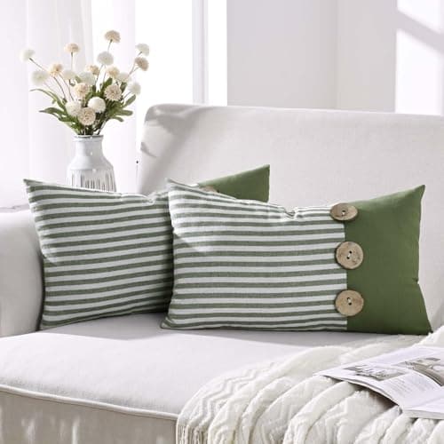 ASPMIZ Linen Throw Pillow Covers 20x12 Set of 2, Boho Farmhouse Couch Pillow Cover with Rustic Buttons, Soft Decorative Cushion Covers for Sofa, Bedroom, Living Room, Home Decor, Green - Thumbnail 2