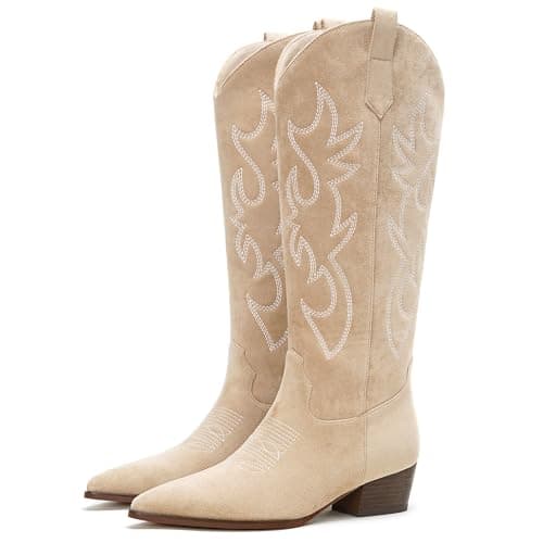 ElegaStep Western Embroidered Cowboy Knee High Boots for Women Cowgirl Boots Pointed Toe Block Heel Tall Riding Concert Dress Boots Suede Beige US 6.5 - Image 1