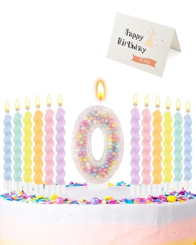 Birthday Candles for Cake, Pink Number Candles, Cake Candles with Greeting Card for Birthday Party Wedding Anniversary Celebrations（0 Candle,White Number Macaron）