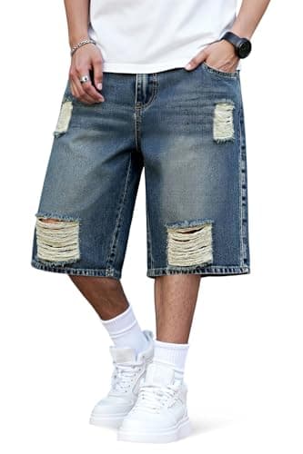 Heyfanee Mens Baggy Jean Shorts Ripped Long Jorts Men Y2k Vintage Denim Shorts for Men Loose Fit Washed Blue 30 - Image 1