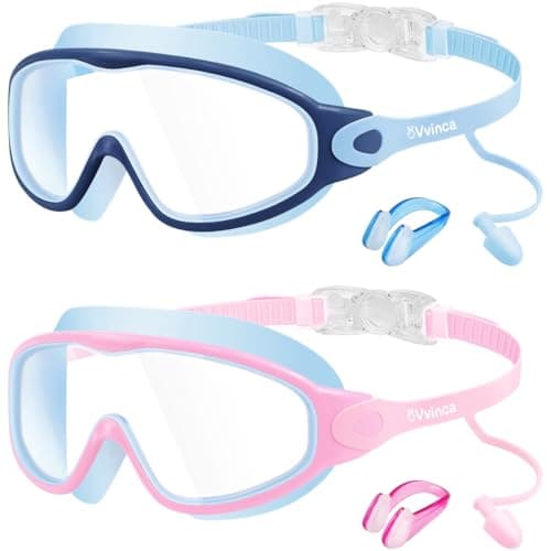 Vvinca Swim Goggles, Kids Goggles with Earplugs& Nose Clip Wide View Anti-Fog/UV Swimming Goggles for Age 3-15 Boys Girls - Image 1
