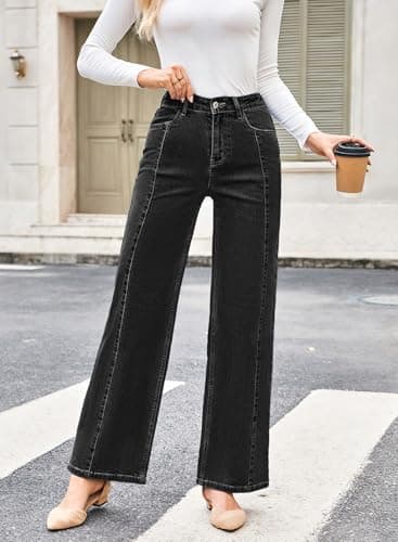 Dokotoo Women's Wide Leg Jeans High Waisted Stretchy Raw Hem Denim Pants Flare Jeans Denim Pants Stretchy Baggy Jeans Black Pants for Women Size 12 - Thumbnail 3