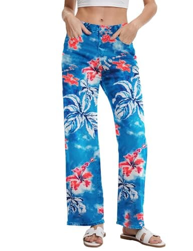 DAOAO Vintage Floral Print Jeans Pants for Women 90s Wide Leg Casual Stretchy Denim Pant Pantalones De Mujer Sky Blue S - Image 1