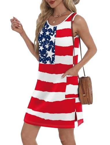 BKRIVE Stars and Stripes Summer Dresses for Women 2026 Loose Swing T Shirt Casual Dress Sundresses with Pockets American Flag S - Thumbnail 2