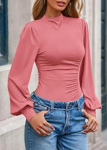 KIRUNDO Blouses for Women Dressy Casual 2026 Fall Ruched Puff Long Sleeve Shirts Mock Neck Underscrub Fitted Trendy Tops (Pink, X-Small) - Thumbnail 4