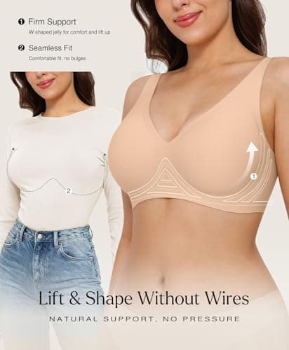 Wireless Bras with Support and Lift Seamless Womens Bras Comfortable Bra No Underwire Comfy Tshirt Push Up Bralettes Deep V Neck Nude - Thumbnail 2