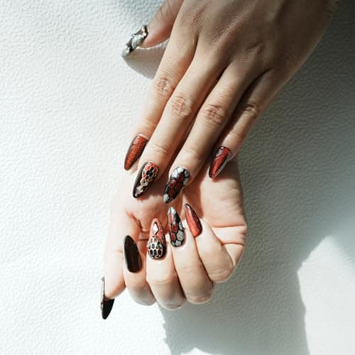 Tesytto Dark Red Press on Nails Luxury Medium Almond, Handmade Fake Nails 3D Design with Snake Charm Rhinestones Glossy Full Cover Thick Acrylic Nails for Valentine's Day(Red Flame,S) - Thumbnail 4