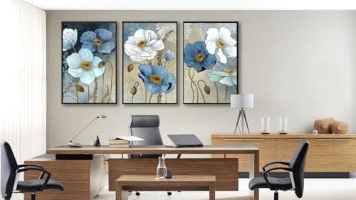 ASDCEUTICALS Large Framed Wall Art - Boho Flowers Wall Decor, Retro Floral Pictures, Blue White Botanical Canvas Prints for Bedroom Living Room Bathroom Kitchen Office Artwork 20" X 28" X 3 Pcs - Thumbnail 5