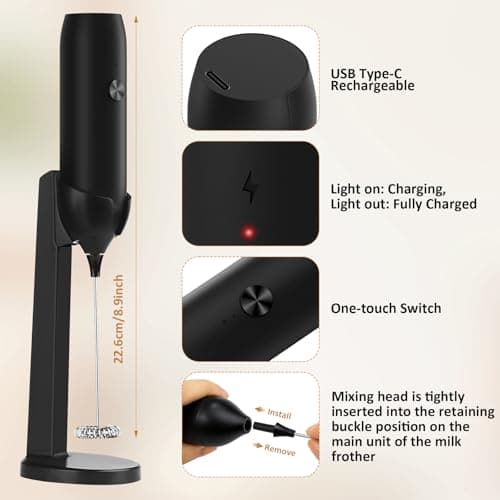 Rechargeable Milk Frother Handheld USB Type-C, Powerful Electric Foam Maker with Stand, Mini Drink Mixer for Coffee Latte, Cappuccino, Mocha, Macchiato, Frappe and Protein Powder - Thumbnail 2