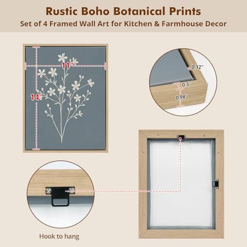 DAJONART Vintage Framed Boho Botanical Wall Art Set of 4,Sage Green Abstract Prints Canvas for Kitchen, Japandi, and Rustic Home Decor, Abstract Boho Botanical Canvas Art,11x14 in - Thumbnail 4