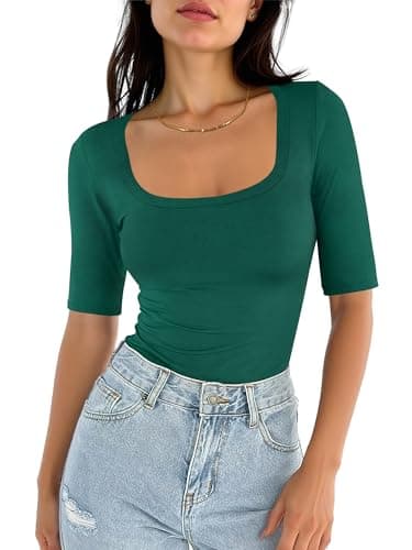 ANRABESS Womens Half Sleeve Tops Square Neck Slim Fit T-Shirt Summer 2026 Fashion Casual Basic Tee Shirts Spring Work Outfits Forest Green Small - Image 1