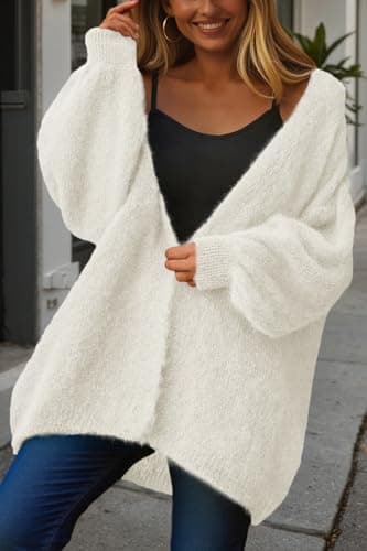 dowerme Women Open Front Cardigans Trendy Fall Long Sleeve Drop Shoulder Soft Knit Slouchy Sweater Spring Outerwear 2026(White,XX-Large) - Thumbnail 5
