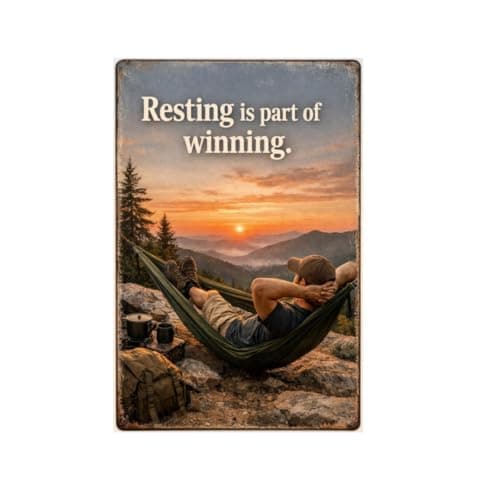 Resting Is Part Of Winning Tin Sign Inspirational Quote Metal Wall Decor Mountain Sunset Hammock Camping Scene Rustic Motivation Plaque Relax Outdoor Adventure Art For Home Office Cabin 8x12 Inch