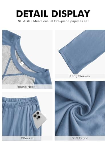 NITAGUT Men's Pajama Set Long Sleeve Sleepwear 2 Piece Loungewear with Pockets Soft Comfy Nightwear,Blue-S - Thumbnail 5
