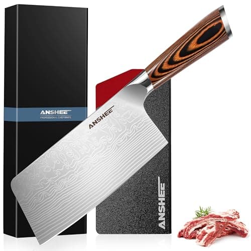 anshee 7 Inch Japanese Chef Cleaver Knife - High Carbon Stainless Steel Ultra Sharp Blade, Multi-Task Meat & Vegetable Chinese Knife with Wood Handle & Gift Box (Sheath Included for Home/Restaurant)