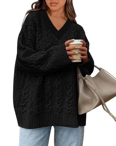Okiwam Women's Oversized Sweaters Long Sleeve V Neck Cable Knit Pullover Tops Fall Outfits Spring Fashion Clothes 2026-L Black - Image 1
