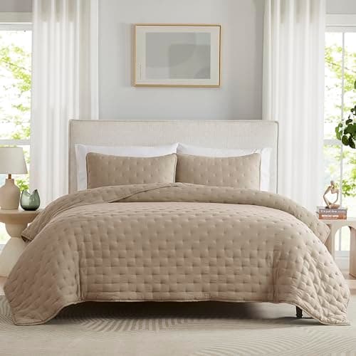 WDCOZY Beige Cloud Twin Size Quilt Set, Tan Lightweight Farmhouse Bedspread, Rustic Country Coverlet, Taupe Camel Soft Bedding, Thin Comforter for All Season - 2 Pieces, 68x90 inches