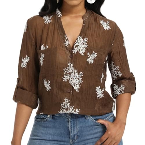 Women's Long Sleeve Roll Up V Neck Button Down Embroidered See Through Lightweight Coffee Chocolate Tunic Casual Summer Spring Shirts Boho Cotton Crinkle Gauze Blouse Sheer Floral Shirt Large L - Thumbnail 6