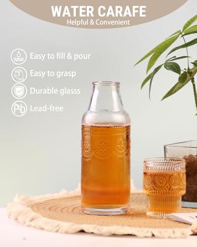 DmmyAlzx Bedside Water Carafe and Glass Set, 20.5oz Glass Pitcher with 6oz Tumbler Lid, Nightstand Water Container & Mouthwash Dispenser for Bedroom & Bathroom, Sunflower-Pattern - Thumbnail 3