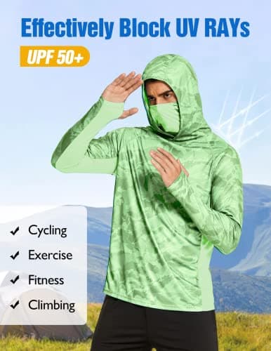 Men's Long Sleeve Fishing Shirts UPF 50+ Sun Protection Hoodie with Mask Quick Dry Hiking Neck Gaiter Hoodie UV Rashguards Camouflage - Thumbnail 3