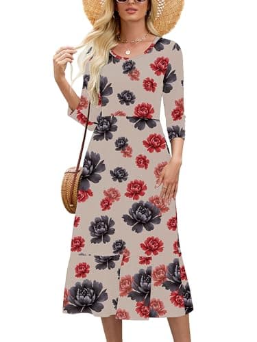 Heymoments Women Dresses Ink Peony Small Crewneck 3/4 Sleeves Wedding Guest A line Casual Flowy Swing Party Vintage Spring Fall Winter Beach Travel 2026 Long Midi Dress with Pockets - Image 1