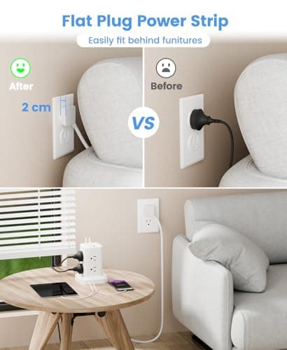 Power Strip Tower with Surge Protector 1800J, Fast Charging Tower PD20W USB-C Ports with 8 AC Outlets, 6ft Extension Cord for Home Office Dorm Room, White - Thumbnail 5