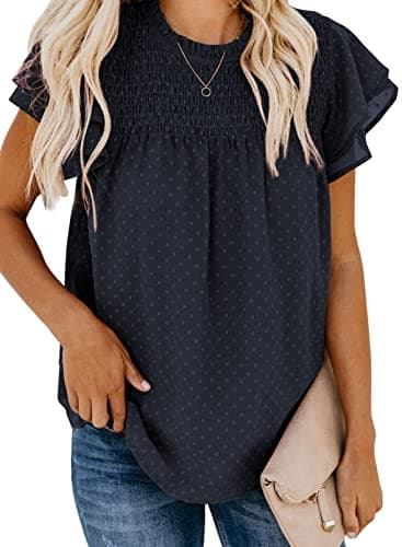 Dokotoo Women's Fashion 2026 Summer Ruffle Short Sleeve Crew Neck Tops Lace Pom Pom Smocked Basic Tee Shirts Back Self Tie Flowy Chiffon Blouses Blue L - Image 1