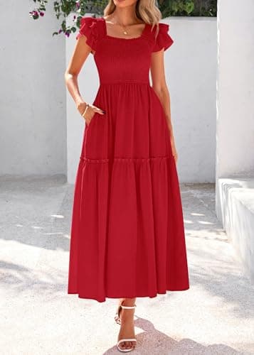 KIRUNDO Smocked Summer Dresses for Women 2026 Wedding Guest Midi Flowy Ruffle Short Sleeve Square Neck Tiered Sundress(Red, XX-Large) - Thumbnail 3