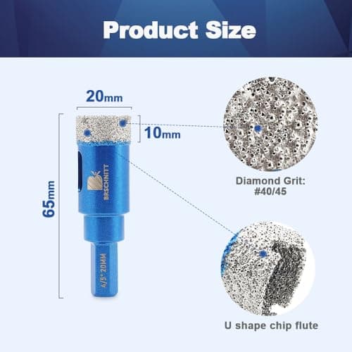 Dry Diamond Core Drill Bit Set,BRSCHNITT 2pcs 4/5 Inch (20mm) Diamond Hole Saw Core Drill Bit with Hex Shank for Porcelain Tile Ceramic Stone Granite Marble - Thumbnail 2