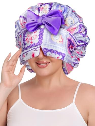 Vettres Double Layer Satin Bonnet for Sleeping with Detachable Eye Mask Adjustable Night Cap for Curly, Natural, Braided Hair Reduces Frizz & Locks in Moisture Pink Purple Animals