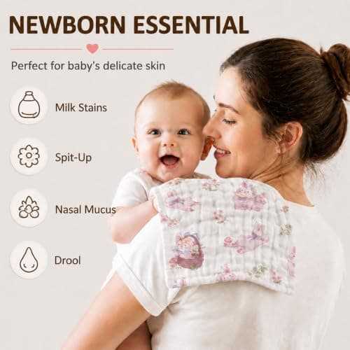 Baby Burp Cloths 5 Pack, 100% Cotton Muslin Burp Cloths, Baby Essentials, 6 Layer Gauze Burp Rags, Soft Absorbent Breathable Newborn Burping Cloths, Multi-Use for Spit Up, Drool & Feeding, 10" x 20" - Thumbnail 2