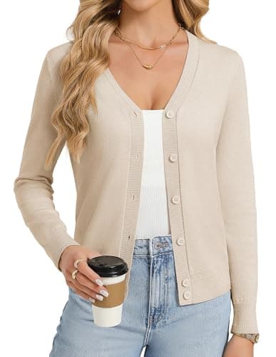 GRACE KARIN Womens Beige Cardigan Sweaters Lightweight Button Up V-Neck Spring Cardigans Trendy Summer Knit Shrug XL - Image 1