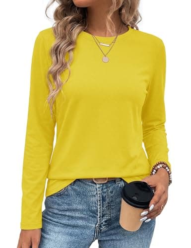 LaGracia Cotton Long Sleeve Shirt Women Crewneck Long Sleeve T Shirt Tops Soft Lightweight Basic Casual Tees Trendy Spring Fall Outfits 2026 Yellow L - Image 1