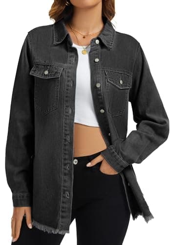 Bosmeer Essentials Denim Jackets for Women Trendy Long Sleeve Button Up Denim Shirt Jacket Jean Shacket with Pocket Distressed Summer Jackets - Thumbnail 2