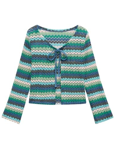 ZAFUL Swimsuit Coverup Shirt for Women Crochet Cardigan Bathing Suit Cover Up Long Sleeve Cover Ups Top Zigzag Blue L - Image 1