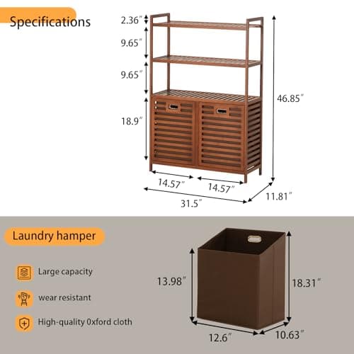 Baveke Bamboo Tilt Out Laundry Hamper with 3 Tier Shelves, Hidden Laundry Hampers with 2 Removable Bags, Pull Out Laundry Hamper Cabinet, Bathroom Storage Shelf for Laundry Room, FSC-Certified, Brown - Thumbnail 2